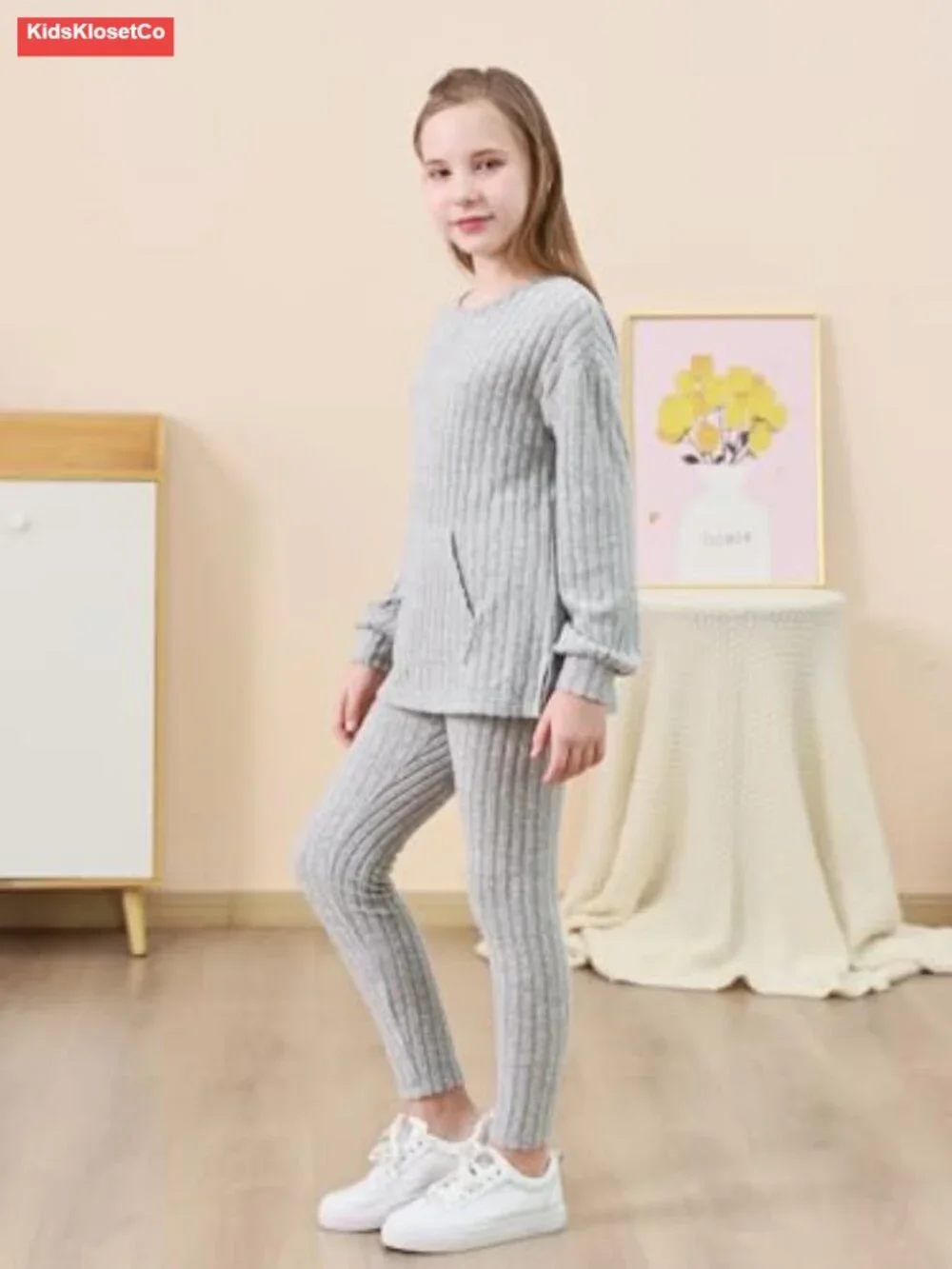 Girls 2 Piece Ribbed Knit Sweatshirt Leggings Set 6-14Y